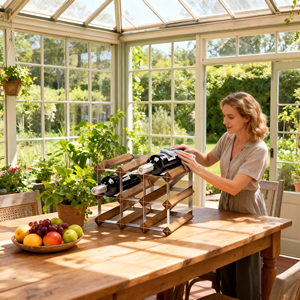 Étagère à vin pour véranda, moderne, géométrique, en métal et en <span class=keywords><strong>bois</strong></span>, pour une zone de repas en pleine lumière naturelle - Product Image 1