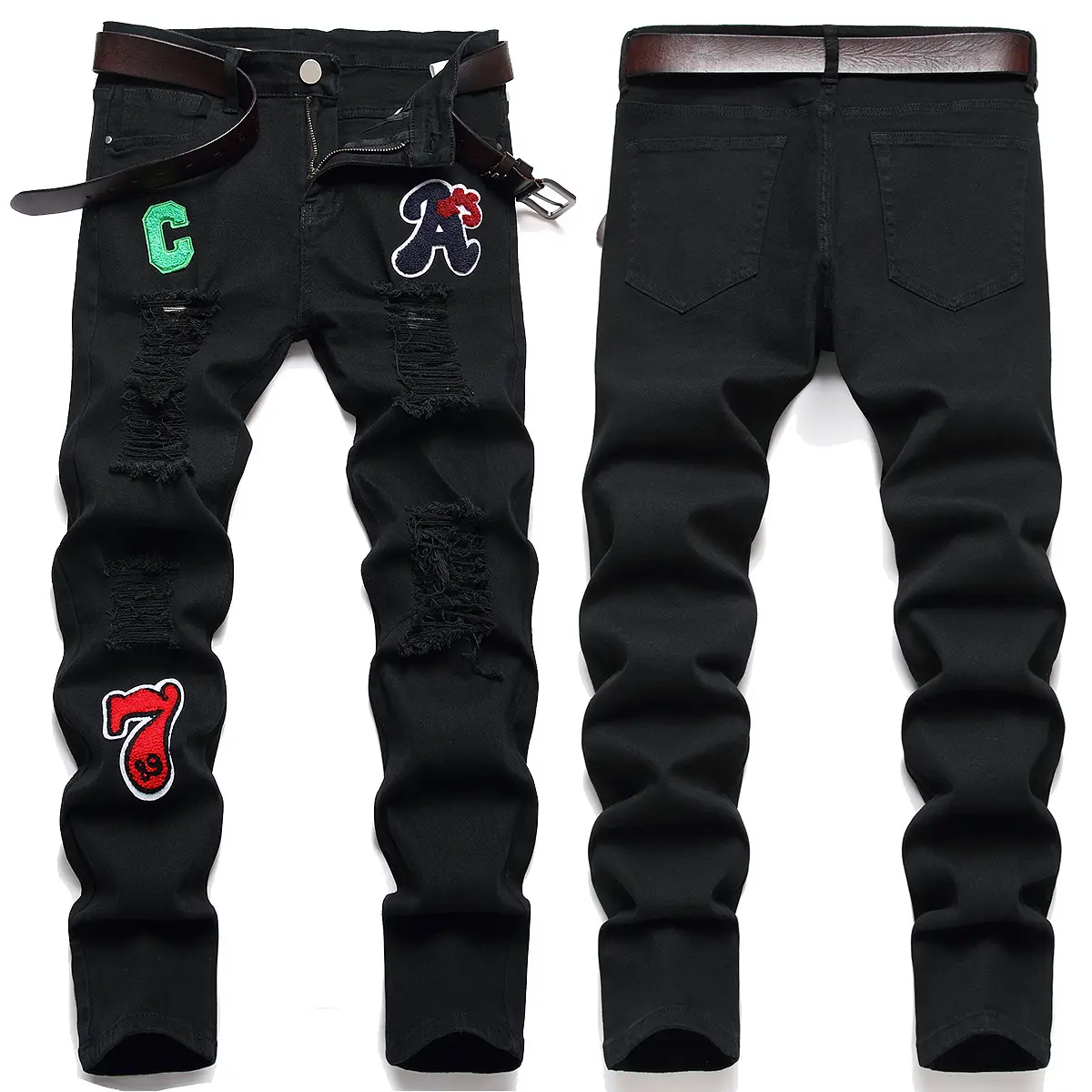 Calça jeans masculina personalizada novo padrão de micro capítulo micro elástico preto selecionado tecido de alta qualidade tubo reto fino pequeno