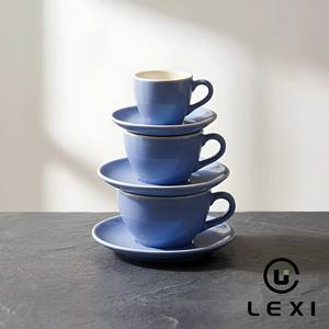 Ensemble de tasses à café et soucoupes en porcelaine fine brillante, 3 pièces, bleu périvinyle, design italien moderne, durable, marque LEXI, pour la maison et l'hôtel - Product Image 3