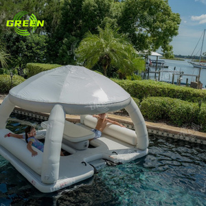 Isla inflable personalizada verde con tobogán flotante, piscina circular cubierta para nadar y bañarse, y silla de aire tipo lounge para coche con techo de lona. - Product Image 1