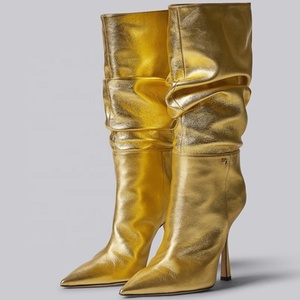 Bottes élégantes pour femmes, sexy, d'hiver, plissées, à bout pointu, à talons carrés hauts, mi-hautes, pour l'extérieur, chaussures habillées tendance pour femmes - Product Image 1