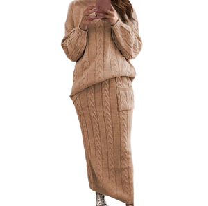 Women's Casual Winter Fashion Long Sleeve 2-Piece Set Wholesale <strong>Knitted</strong> <strong>Sweater</strong> and Solid Two-Piece Skirt - Product Image 1