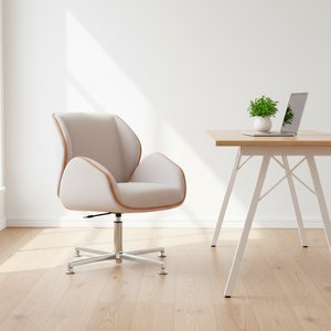 Silla de Reuniones Giratoria de Diseño Moderno Suoni, Respaldo de Cuero Sólido, Estructura de Madera, Base de Aluminio, Acabado con Ribete en Color Contrastante para Oficina - Product Image 4