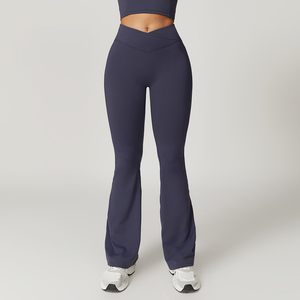 Mallas de Yoga de secado rápido de tela reciclable, mallas de gimnasio con cintura en V, <span class=keywords><strong>pantalones</strong></span> de pierna ancha para correr, mallas acampanadas, <span class=keywords><strong>pantalones</strong></span> deportivos para mujer - Product Image 5