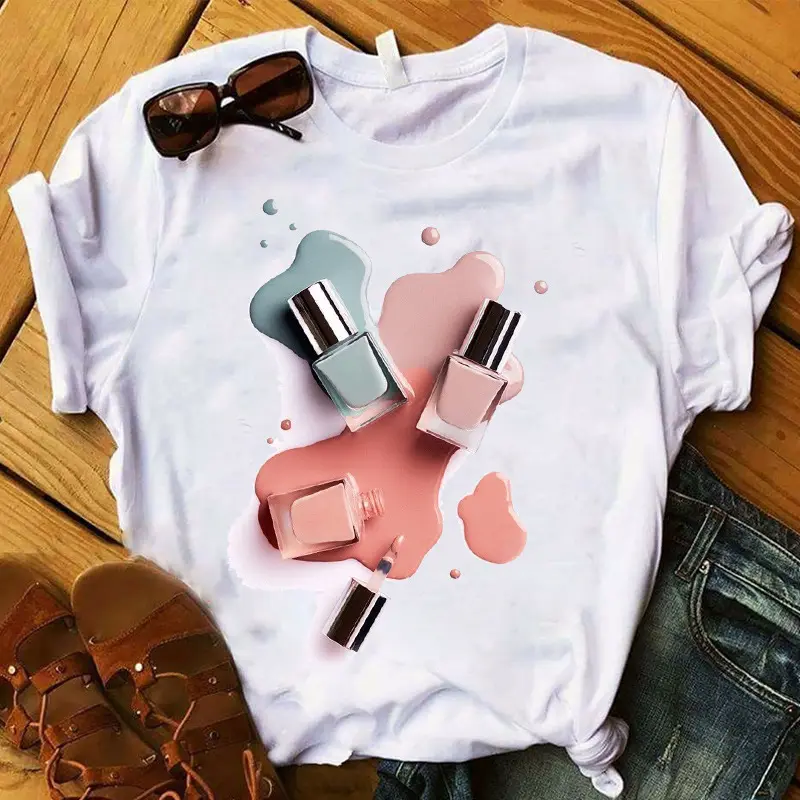 Camiseta feminina esmalte de unha, estampa 3d, camiseta feminina verão solta