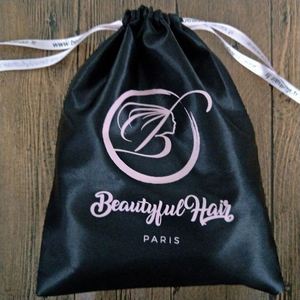 Custom Luxury Black Thick Silk Satin Eco-friendly Drawstring Gift Bag for Hair Extensions with Logo Printing - Product Image 4