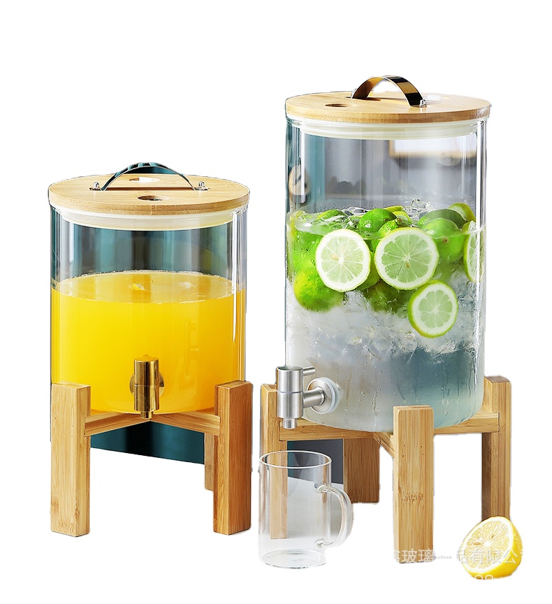 Dispensador de bebidas al por mayor, dispensador de bebidas de zumo, agua, cristal, calabaza, transparente, borosilicato, almacenamiento en frío, grande, con soporte