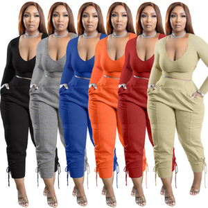 S-5xl autunno taglie forti abbigliamento da <span class=keywords><strong>donna</strong></span> Casual manica lunga scollo a V Top a vita alta <span class=keywords><strong>pantaloni</strong></span> con coulisse due pezzi Set di <span class=keywords><strong>pantaloni</strong></span> - Product Image 1