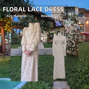 Nuevo Vestido Floral Holgado con Cordones, Manga Larga, Estilo Casual de Ganchillo, Tejido Transpirable de Estambre, Corte Imperio, Liso, Verano, No Tejido - Product Image 2