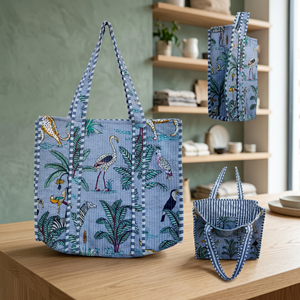 PNM Overseas Tranquil Light Blue Jungle Theme Block Print Tote <b>Bag</b>-Sustainable Cotton Carryall - Product Image 2