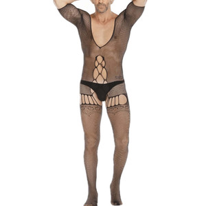 ISME Yi Zhi Mi Body en résille pour homme, noir, en nylon, entrejambe ouvert, sous-vêtement sexy, taille mi-haute, une pièce - Product Image 5