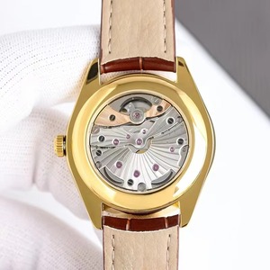 Montre mécanique unisexe haut de gamme, boîtier plaqué or, bracelet en cuir marron, montre minimaliste, saphir lumineux, étanche, date - Product Image 3