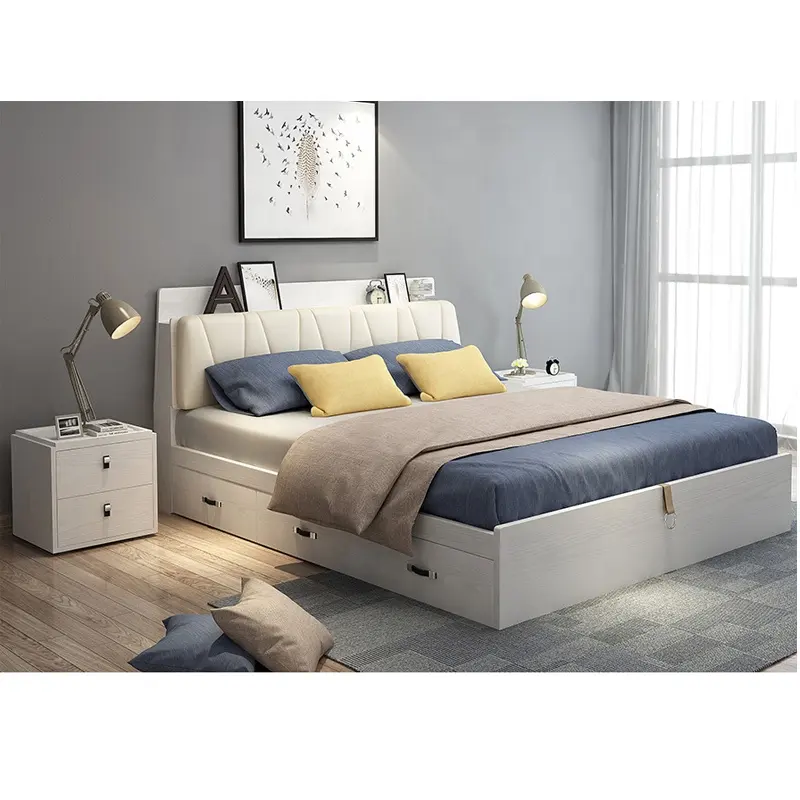 Full Furnished Bed Room White Standard Queen Double Platform Stylish Leather Functional Beauty Bed Frame