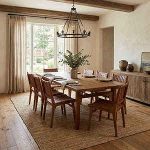 Mesa de comedor rectangular de estilo rústico hecha de dos tablones de madera maciza, que combinan una construcción robusta y la textura natural del madera. - Product Image 3