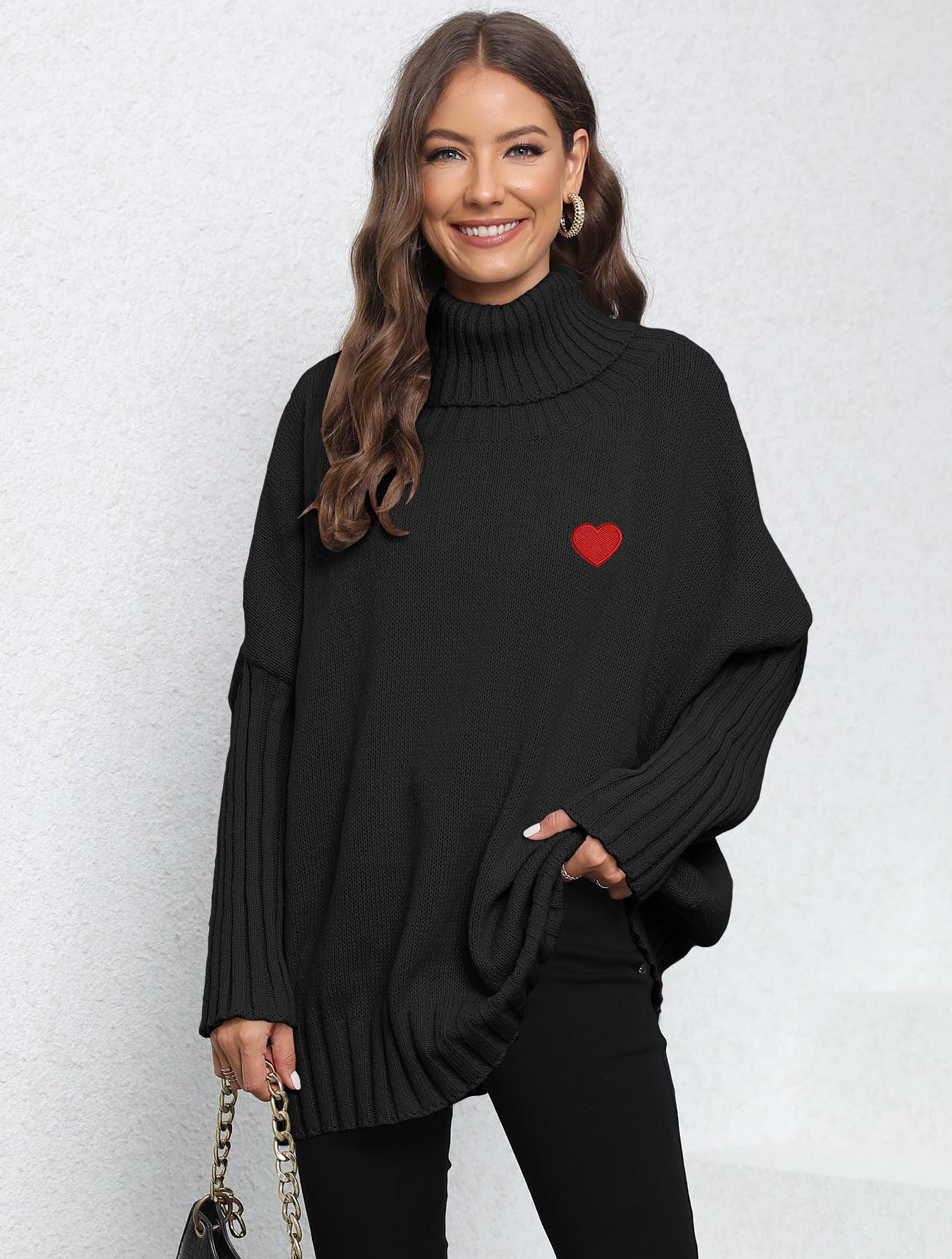 Women's Winter Jumper with High Turtle Neck & Red Heart Embroidery