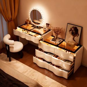 Bàn trang điểm gỗ nguyên khối hiện đại màu trắng có ngăn chứa đồ và gương có đèn cho phòng ngủ và căn hộ - Product Image 5