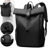 Men Tactical Roll Top Waterproof Anti-Theft PU Leather Backpack Breathable Padded Shoulder Laptop Daypack Travel Polyester