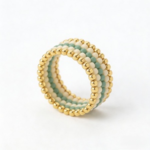 Boho Fashion Women's Miyuki Beaded Glass Inlay 18K Gold Plated Hand Woven Geometric <b>Statement</b> <b>Ring</b> - Product Image 4