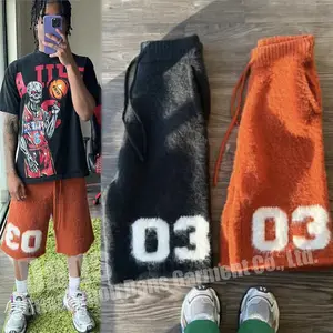 Custom Logo Unisex Loose Long Shorts Below Knee Bermuda Fuzzy Screen Print Knitted Streetwear Fluffy Mohair Shorts For Men