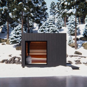 Cabine de sauna infrarouge lointain compacte à lattes verticales en hemlock noir avec chauffage intégré, cheminée en pierre, entrée latérale et terrasse - Product Image 2