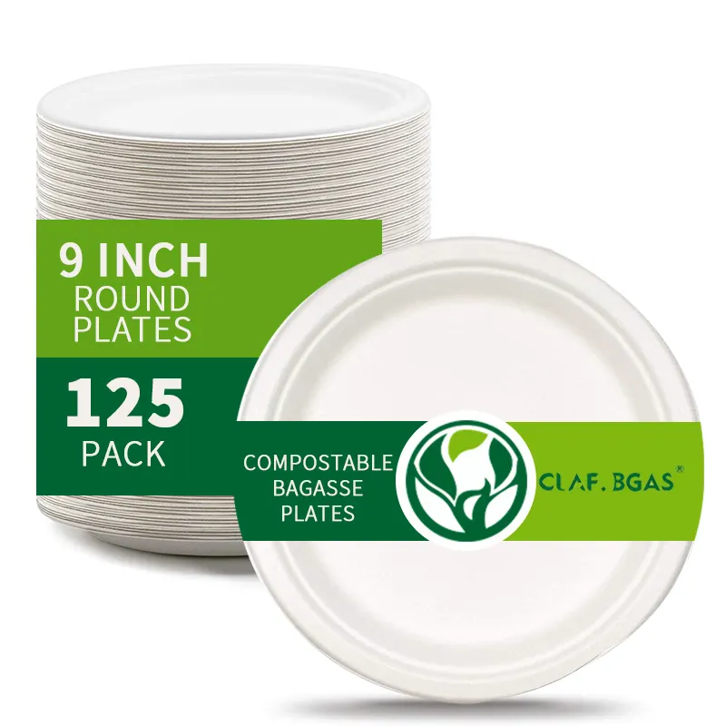 Eco-friendly Degradable CLAF.BGAS PFAS free Wholesales 9 Inch Compostable Round Pulp Sugar Cane Plates Disposable