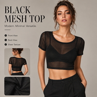 Atasan Wanita Lengan Pendek Bahan Mesh Transparan Kerah Bulat Slim Fit Model Crop Bernapas Seksi untuk Musim Panas, Kaos Dasar untuk Layering