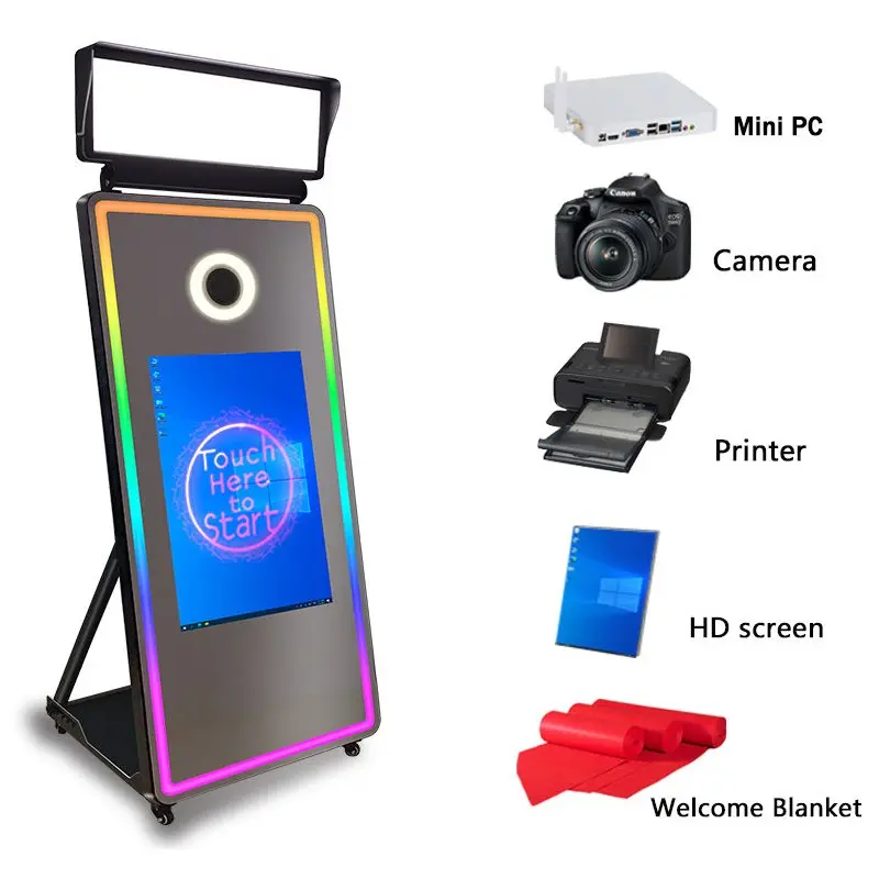 70 inch ma thuật gương ảnh gian hàng với máy ảnh và máy in kiosk chủ đề cho các sự kiện Retro Selfie gương ảnh gian hàng