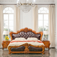 Lit double de luxe en cuir d'ébène de style européen, lit queen-size en bois massif sculpté, modèle 2303 pour villa et chambre de mariage