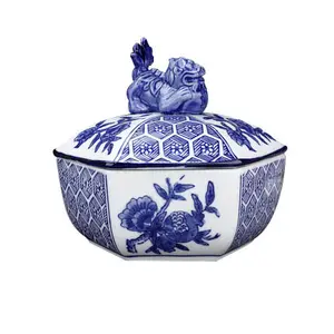 Hayvan şekilli seramik mücevher kutusu yeni çin tarzı el sanatları mavi ve beyaz küçük porselen şeker kavanozu için dekoratif