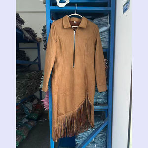 Vestido Midi de Gamuza Estilo Vaquero Vintage para Mujer, con Flecos, Manga Larga, Cuello Solapa, Cierre, Dobladillo Irregular y Corte Ajustado - Product Image 2