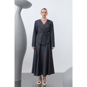 Puane Women's Elegant Navy Blue Two-Piece Skirt and Blouse Set with Shoulder Flap and Belt Detail, Modern Style for Various - Product Image 2