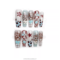 Faux ongles à presser, couvrance totale, forme cercueil, motif vache nude, French manucure, points Y2K, réutilisables, faits main, pour filles