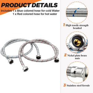 Tuyau en acier inoxydable pour machine à laver de 6 pieds (diamètre extérieur 15 mm), connexion droite, rayé chaud et froid, avec 4 rondelles - Product Image 3