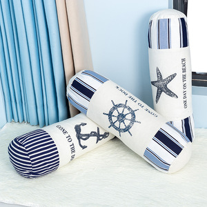 Mediterranean Style Striped <b>Canvas</b> <b>Round</b> Lumbar Pillow With Insert Cotton Washable Back Support Cushion - Product Image 1