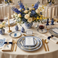 Service d'assiettes en céramique motif perroquet tropical et ananas, bleu et jaune, peintes à la main, en porcelaine, pour mariage, hôtel, restaurant