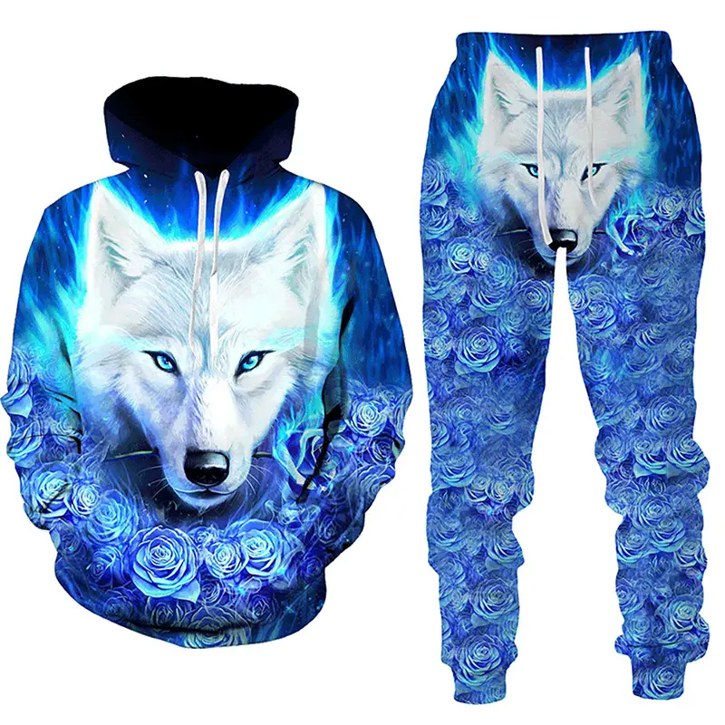 Moletom masculino com capuz, pulôveres de marca para casal de inverno, estampa de lobo, azul fluorescente, 3d, baixo custo