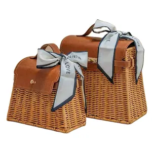 篮子野餐线圈编织藤盒彩色螺旋编织矩形海草柳条礼品储物篮带盖手柄