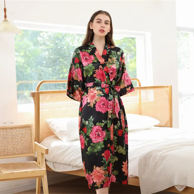 Spring Ladies Satin Long Nightgown Floral Print Yukata Pajamas Silk Kimonos Robe