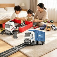 Circuit de course de camions transporteurs pour tout-petits, ensemble de jeu pliable et déformable, camion porte-conteneurs avec voitures en alliage pour garçons et filles, cadeau