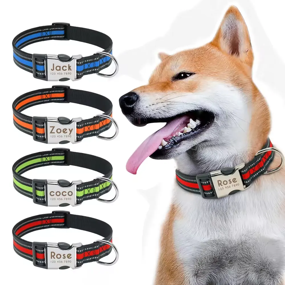 Coleira de cachorro de nylon com placa de identificação gravada personalizada com fivela de metal com fio reflexivo para animais de estimação