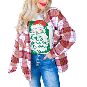 Conception de poche à revers à carreaux de Madames, veste de chemise courte à l'avant et à dos long Veste ample de style de Noël - Product Image 2