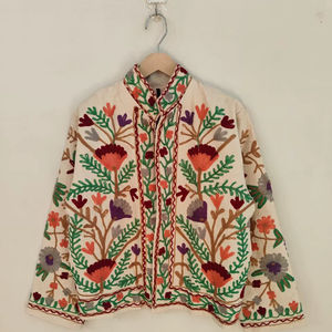 White Cotton TNT Suzani Embroidered <b>Jacket</b> Handcrafted Floral Boho Coat Vintage Style Statement Outerwear Festival - Product Image 1