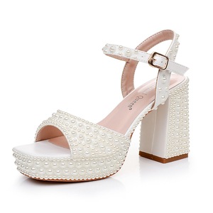 <span class=keywords><strong>Beige</strong></span> tournesol perle talon épais Peep-Toe plate-forme sandales bout rond talon carré chaussures habillées de mariée pour l'été usage extérieur - Product Image 5