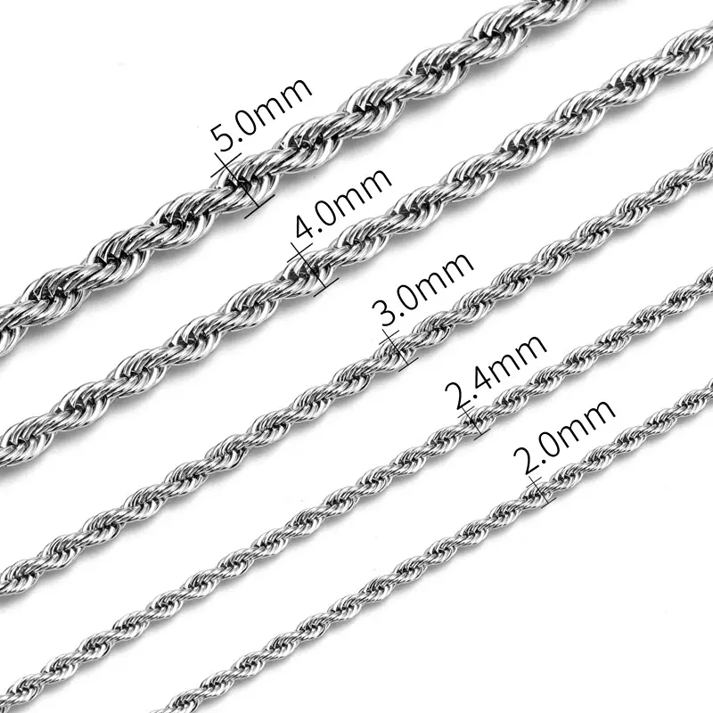Colar de corda em atacado vários tamanhos, corrente de corda torcida de aço inoxidável colar de corrente