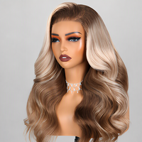 Perruques Megalook 13x6 Three-Go Champagne et Brun Ombré Colorées 6x5 Pré-attachées Sans Colle Ondulées (Loose Body Wave)