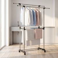 Porte-vêtements métallique robuste à double barre réglable, séchoir à linge sur roulettes, support de lavage télescopique, design moderne et minimaliste