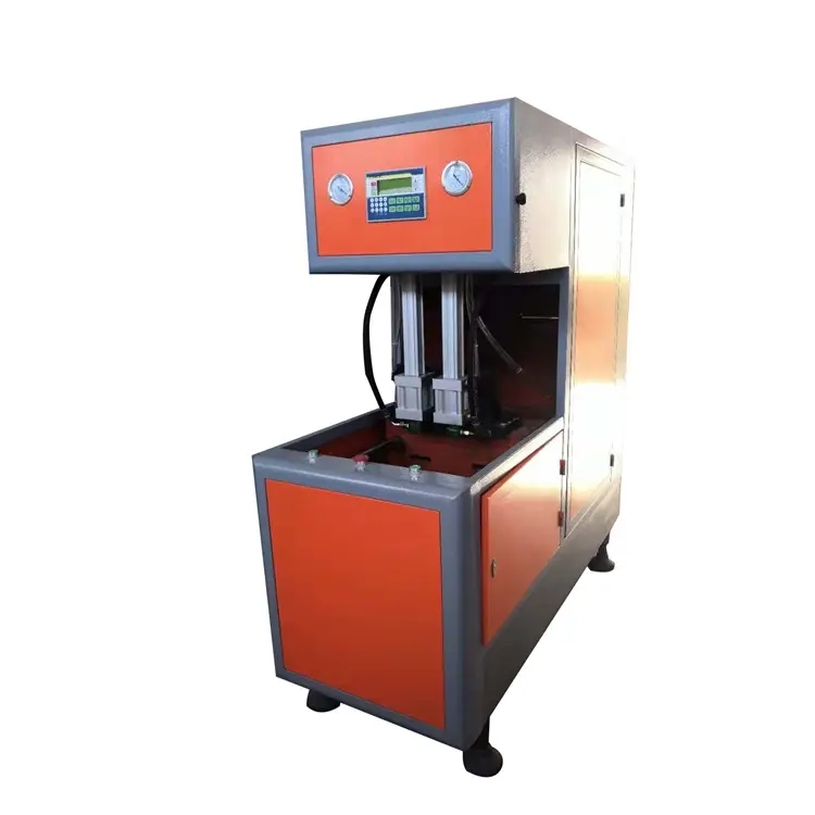 Máquina de moldeo por soplado y estiramiento de botellas de plástico semiautomática de 2 cavidades, un calentador con dos sopladores