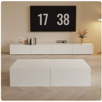 Meuble TV flottant en panneau artificiel, console multimédia murale à trois portes sans poignée, rangement fermé minimaliste pour téléviseur