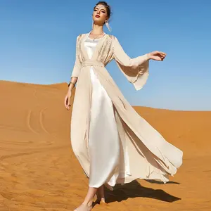 2022 Baru Dubai Kimono Abaya Rompi Gaun Set Beige Lapisan Ganda Sifon Renda Payet Bordir Jubah Pakaian Muslim Eid Sederhana