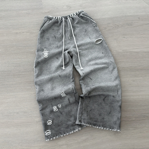 <span class=keywords><strong>Pantaloni</strong></span> Sportivi Larghi da Uomo Personalizzati Effetto Usurato, Grigio, con Gamba Larga, Strappati e Sfilacciati, Pesanti, con Coulisse, Stile Grunge Casual, All'ingrosso - Product Image 3